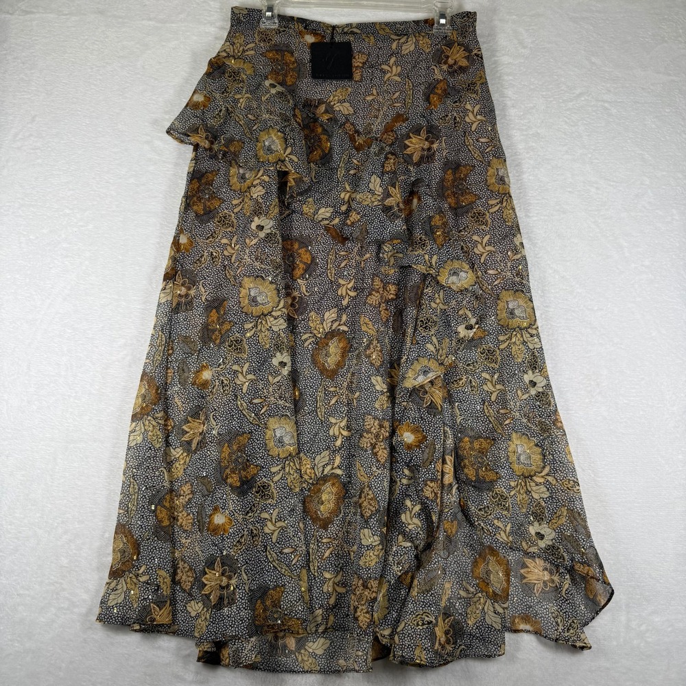 Dress Forum Womens Floral Ruffle Midi Skirt Brown Gold Metallic FS9947 Large NEW